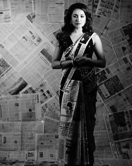 Newspaper Print Malmal Cotton Handblock Print Saree