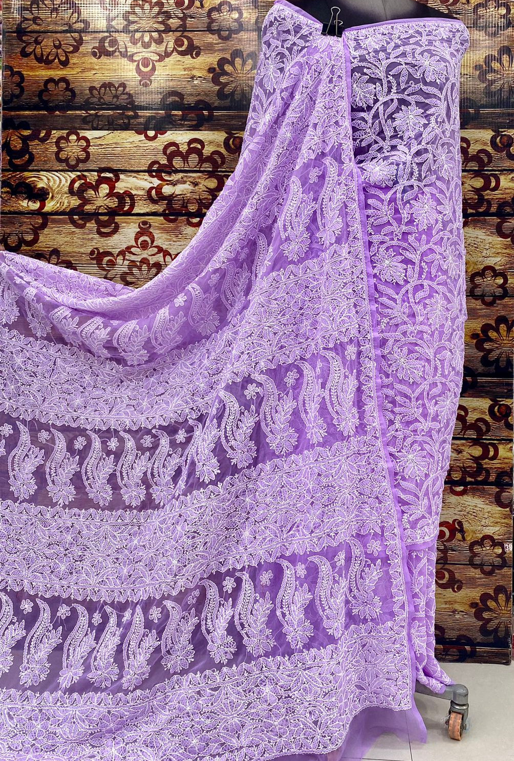 Lavender Color Hand Embroidered Lucknowi Chikankari Chiffon Georgette Saree