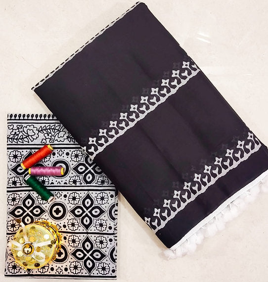 Stylish Black Malmal Cotton Handblock Saree With Contrast Blouse Piece