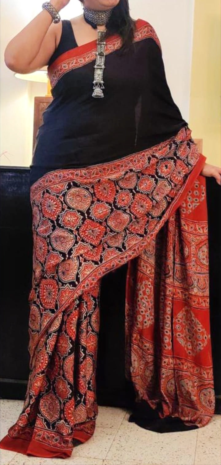 Black And Red Natural Ajrakh Handblock Print Pure Modal Silk Saree