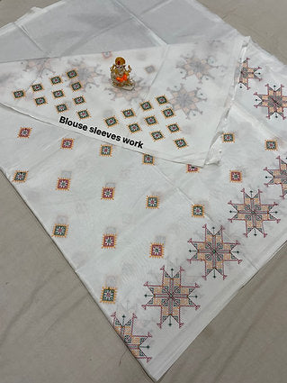 White Color Kasuti Work Malai Silk Saree