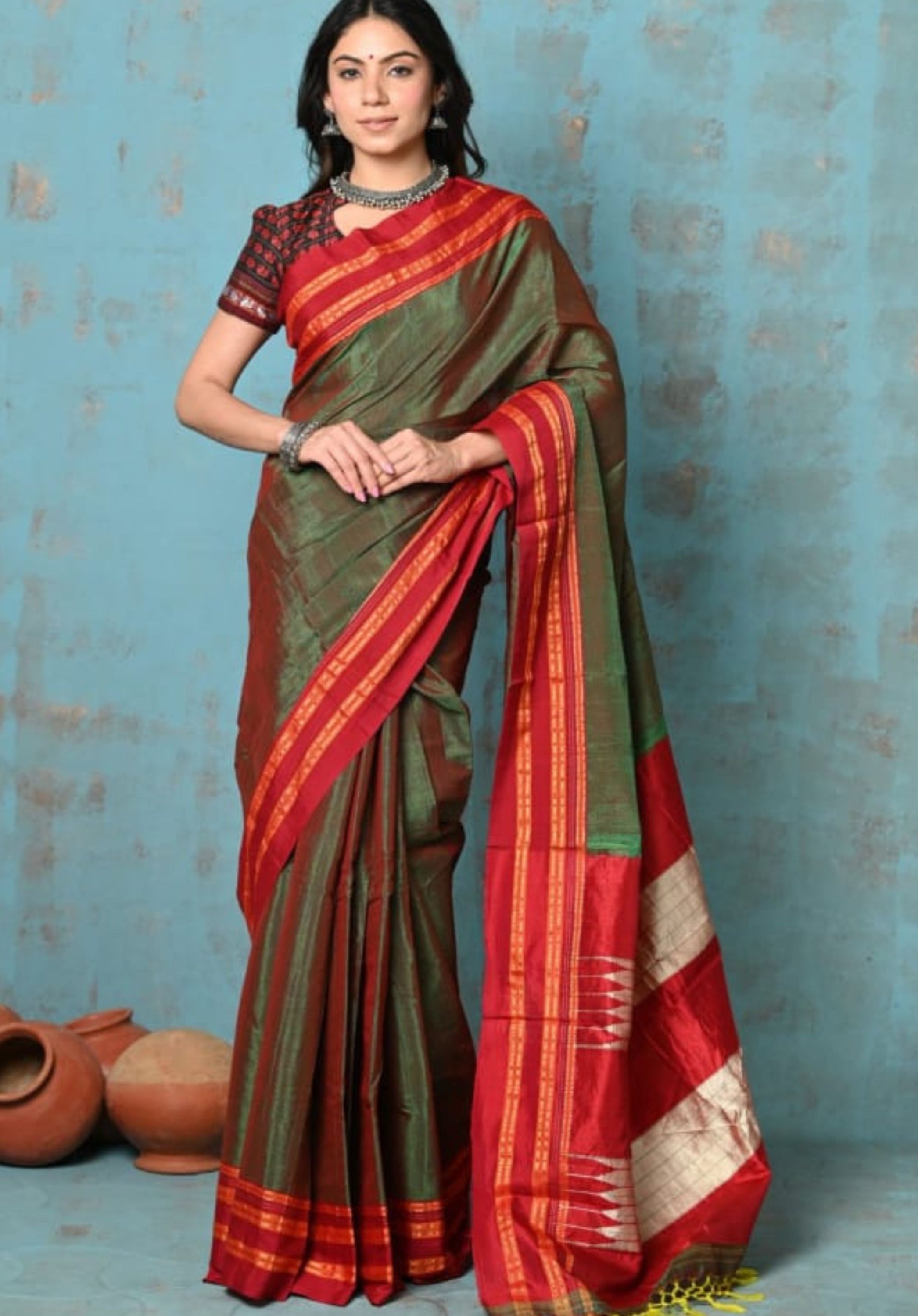 Authentic Handloom Cotton Ilkal Gayatri Border Saree