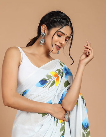 Handblock Print Cotton Mul Naturally Dyed Saree With Blouse Piece