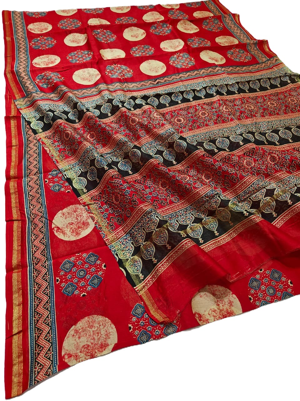 Red Polka Dot Pure Chanderi Ajrakh Printed Saree