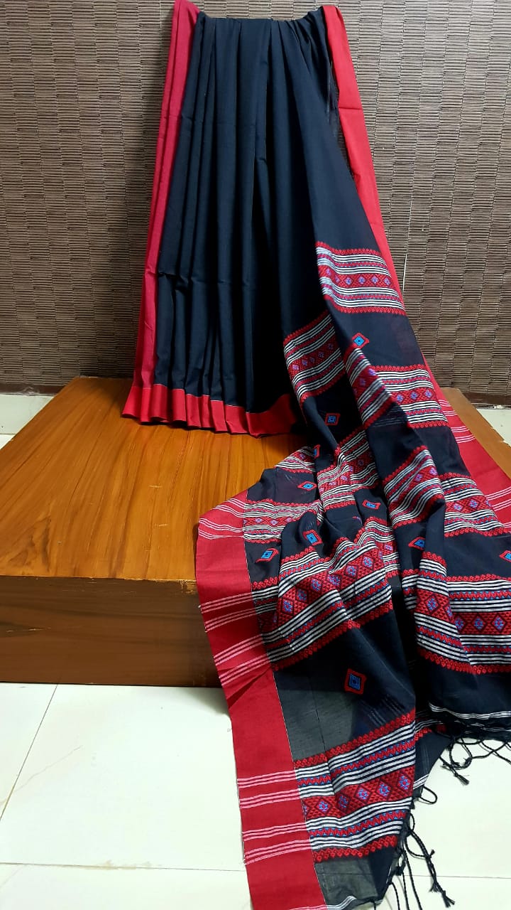 Black Khadi Cotton Jamdani Saree With Running Blouse Piece