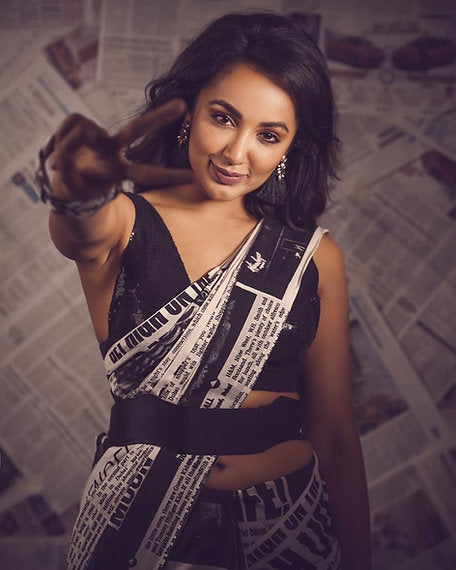 Newspaper Print Malmal Cotton Handblock Print Saree