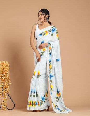 Handblock Print Cotton Mul Naturally Dyed Saree With Blouse Piece