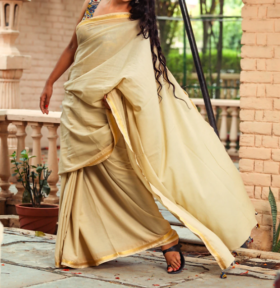 Utsava Collection - Mulmul Cotton Saree With Kalamkari Blouse Piece