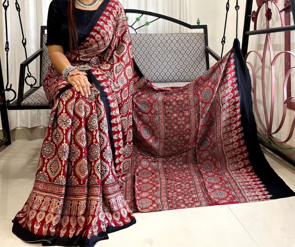 Red Color Pure Modal Silk Authentic Ajrakh Print Saree