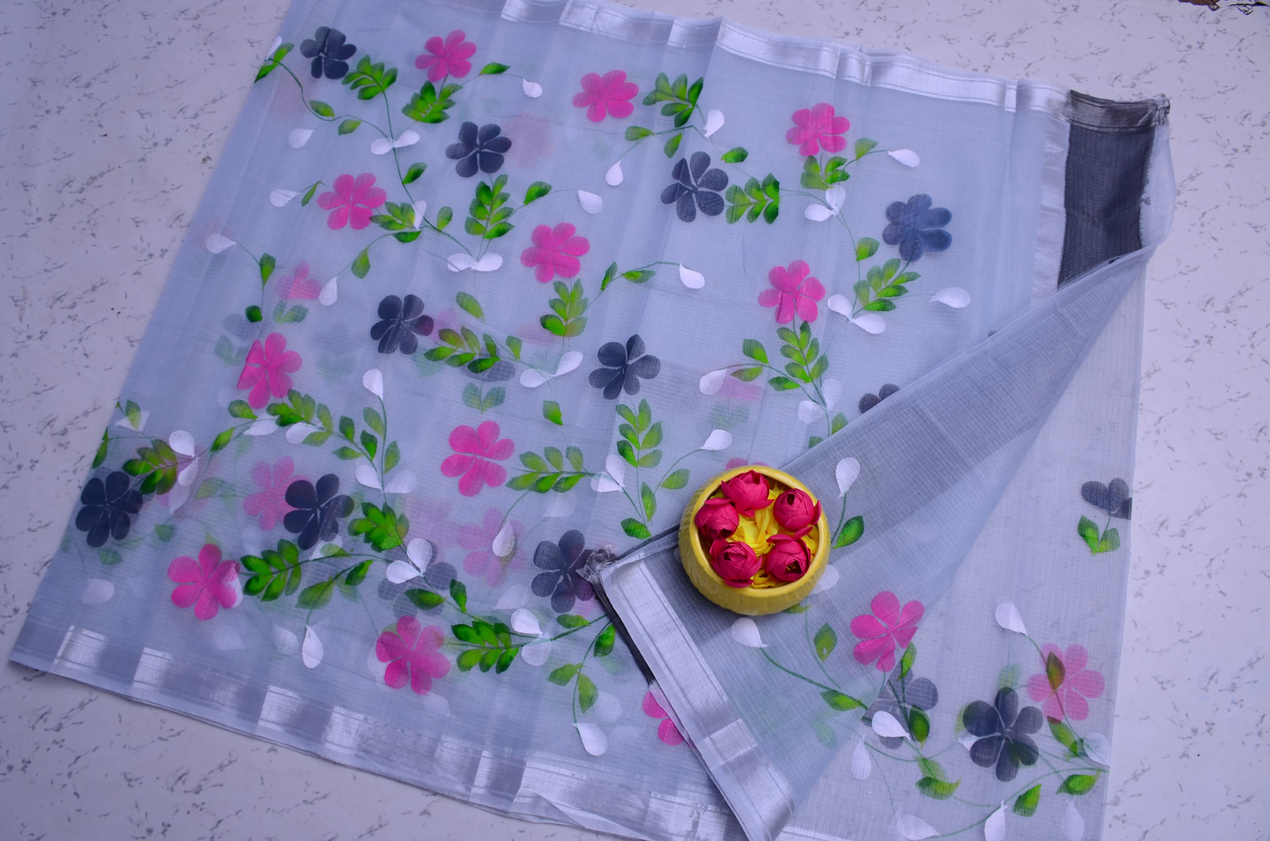 Blue Ice Color Kota Doria Hand Painting Traditional Indian Saree