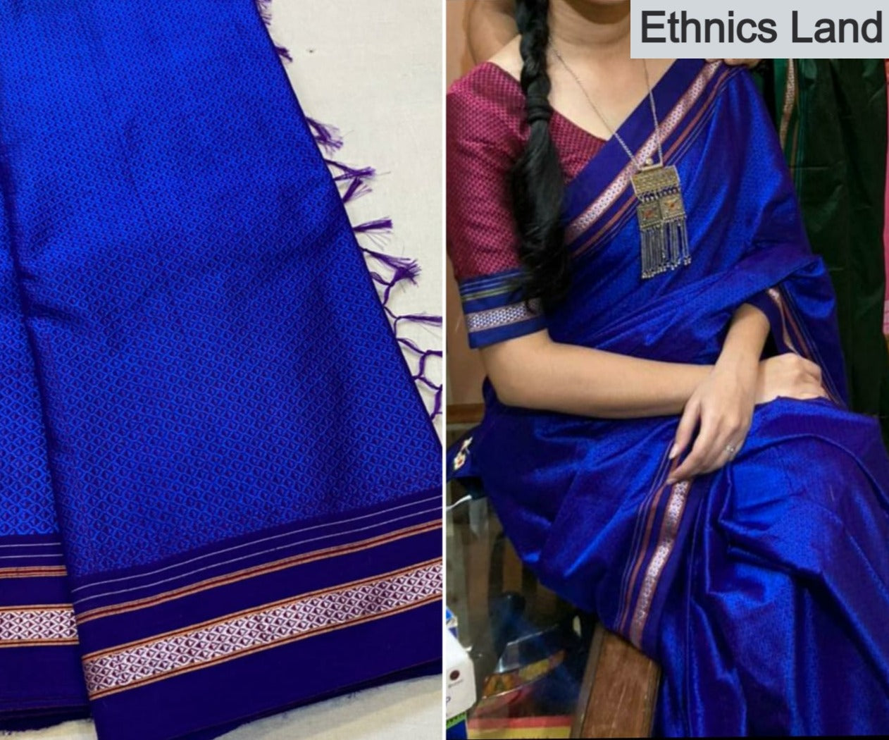 Royal Blue Resham Khun Saree With Contrast Blouse Piece