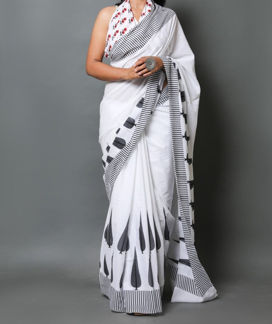 Bagru Handblock Mul Cotton Saree in Jaipuri Print - Ethnics Land