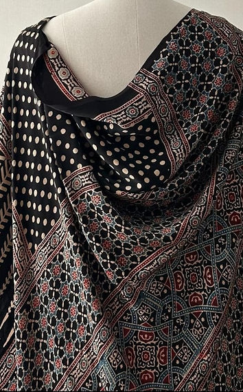 Black Ajrakh Handblock Pure Modal Silk Saree