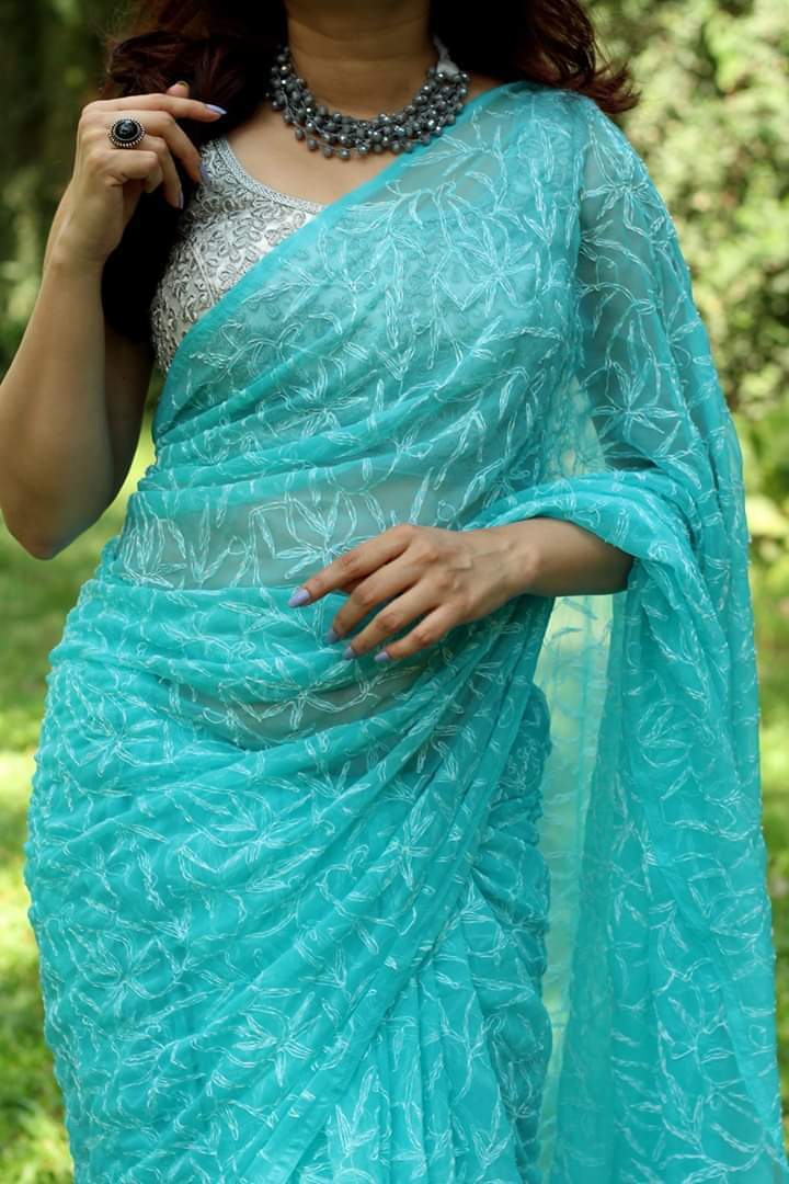 Ocean Green Georgette Chiffon Fine Tepchi Chikankari Work Saree