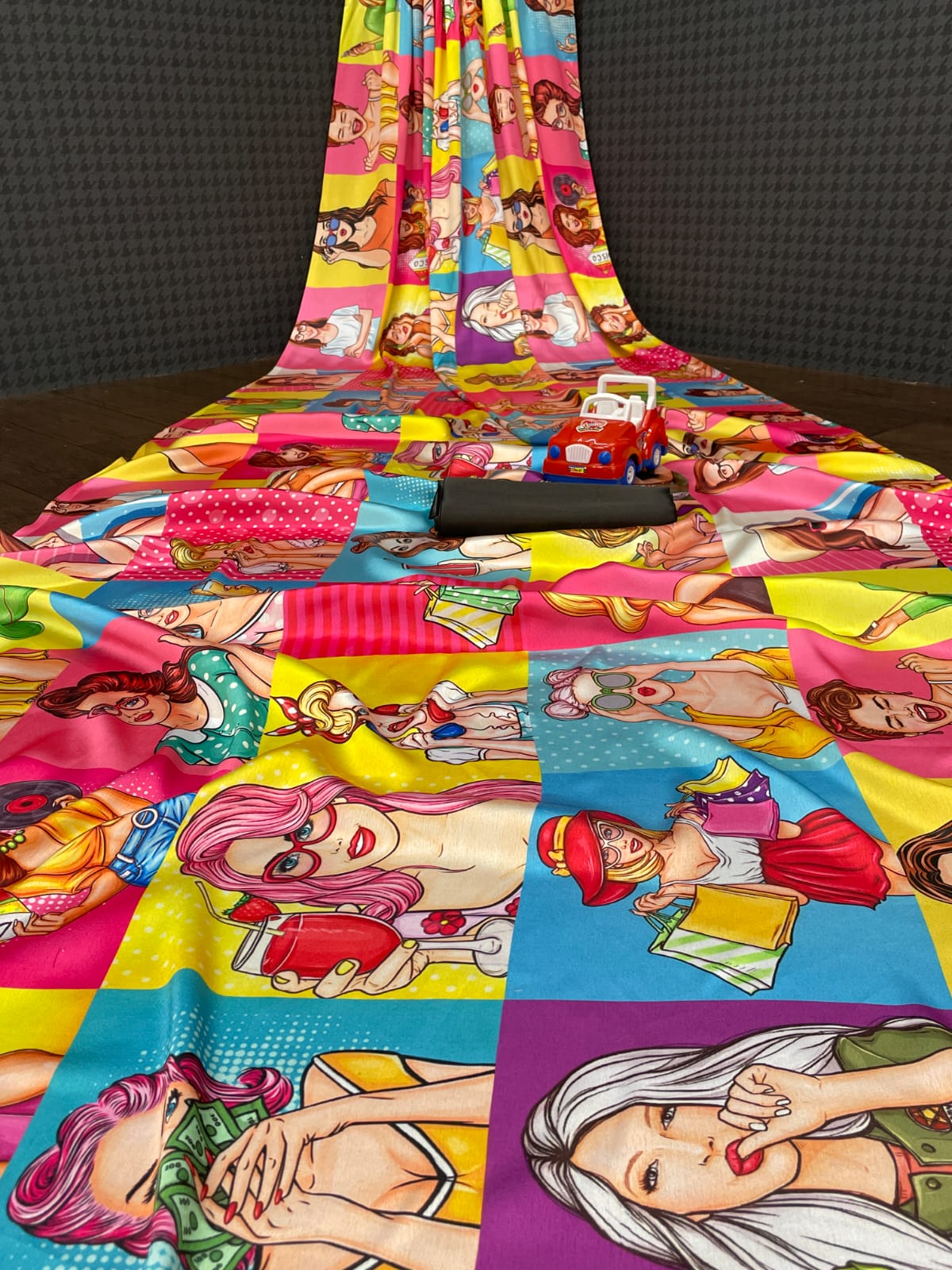 Funky Unique Satin Printed Saree With Contrast Blue Color Blouse Piece