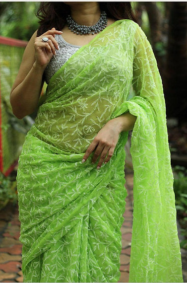 Green Georgette Chiffon Fine Tepchi Heavy Jaal Work Saree