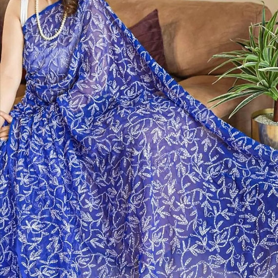 Blue Georgette Chiffon Fine Tepchi Chikankari Work Saree