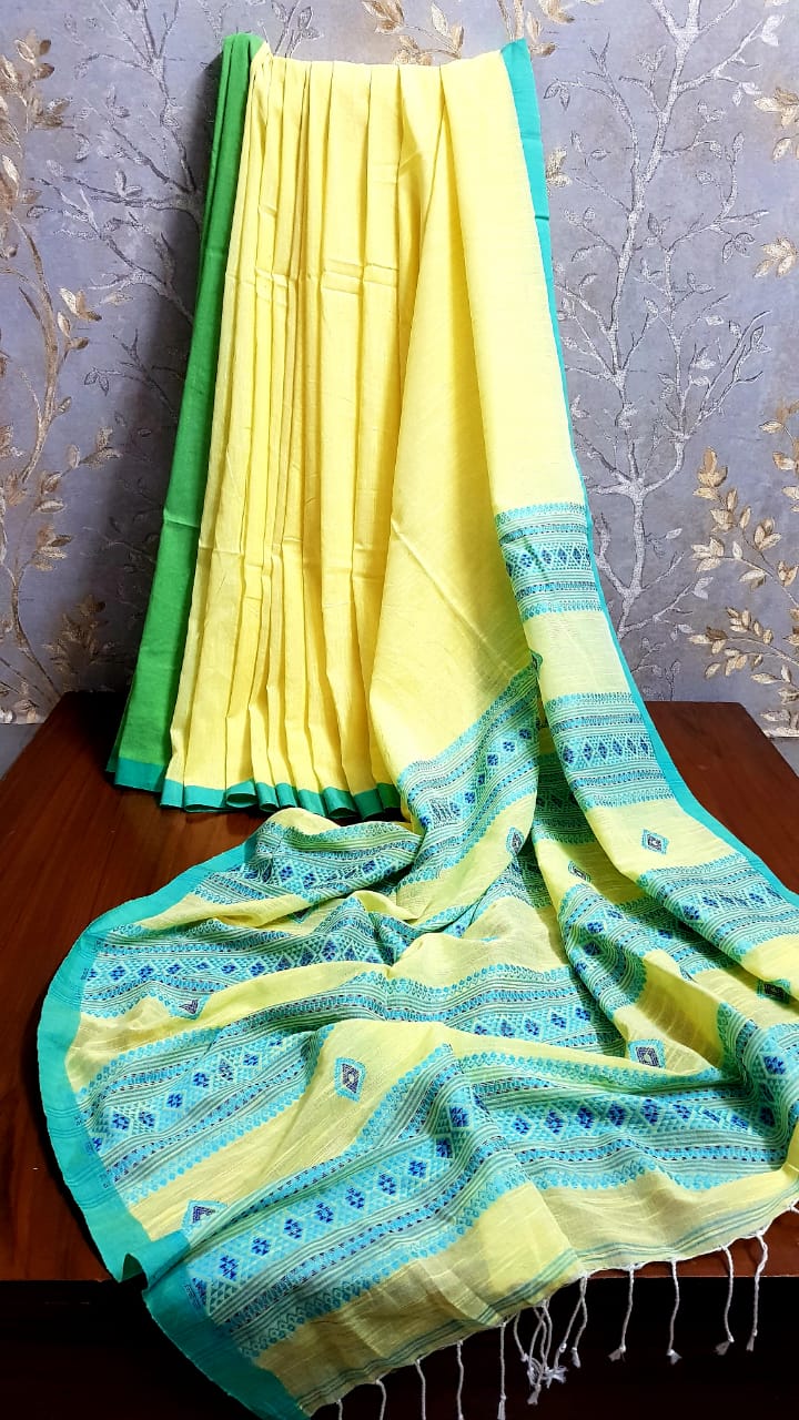 Bright Lemon Yellow Khadi Cotton Jamdani Saree With Thin Contrast Border
