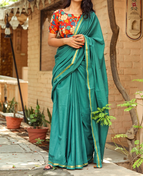Utsava Collection - Mulmul Cotton Saree With Kalamkari Blouse Piece