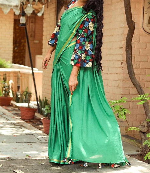 Utsava Collection - Mulmul Cotton Saree With Kalamkari Blouse Piece