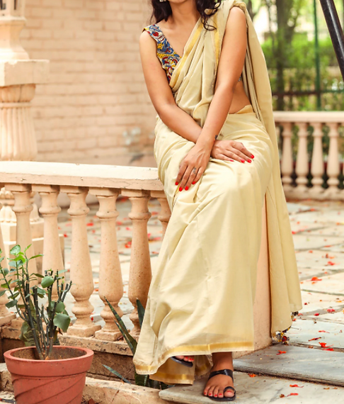 Utsava Collection - Mulmul Cotton Saree With Kalamkari Blouse Piece