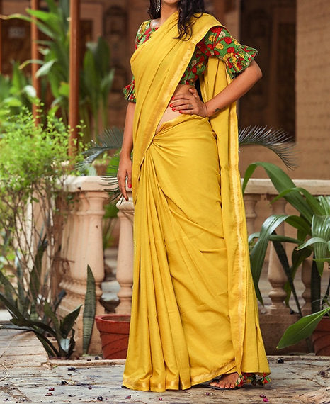 Utsava Collection - Mulmul Cotton Saree With Kalamkari Blouse Piece