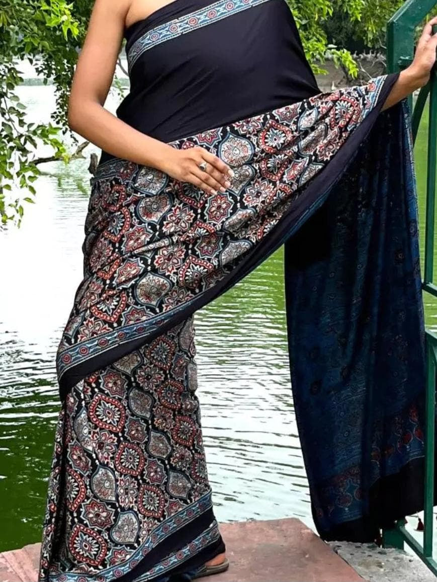 Pure Modal Silk Ajrakh Handblock Print Saree