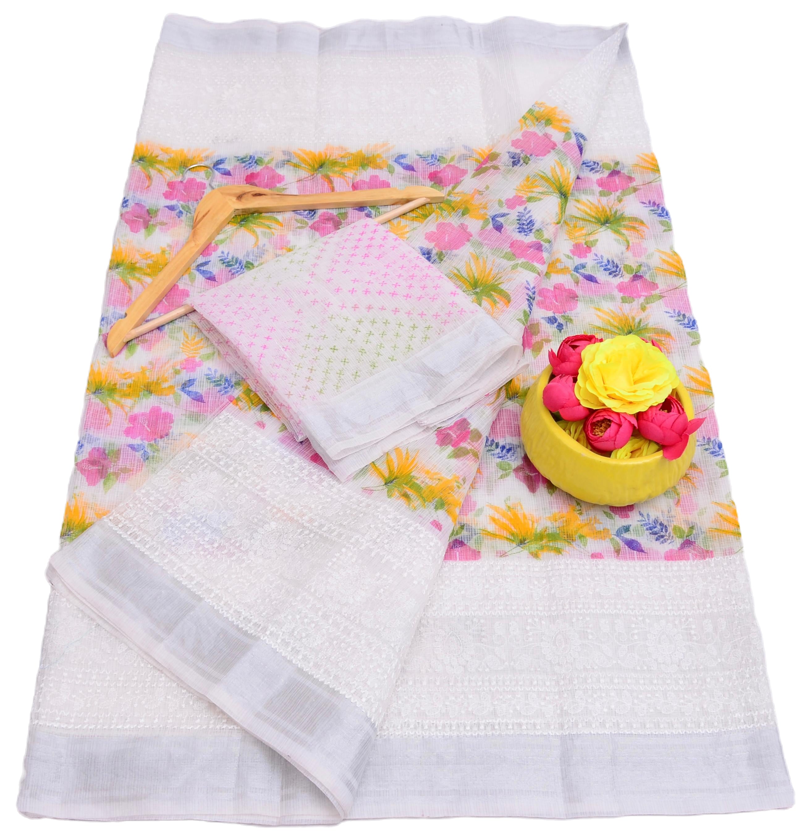 White Color Kota Doria Embroidery Work Traditional Indian Saree