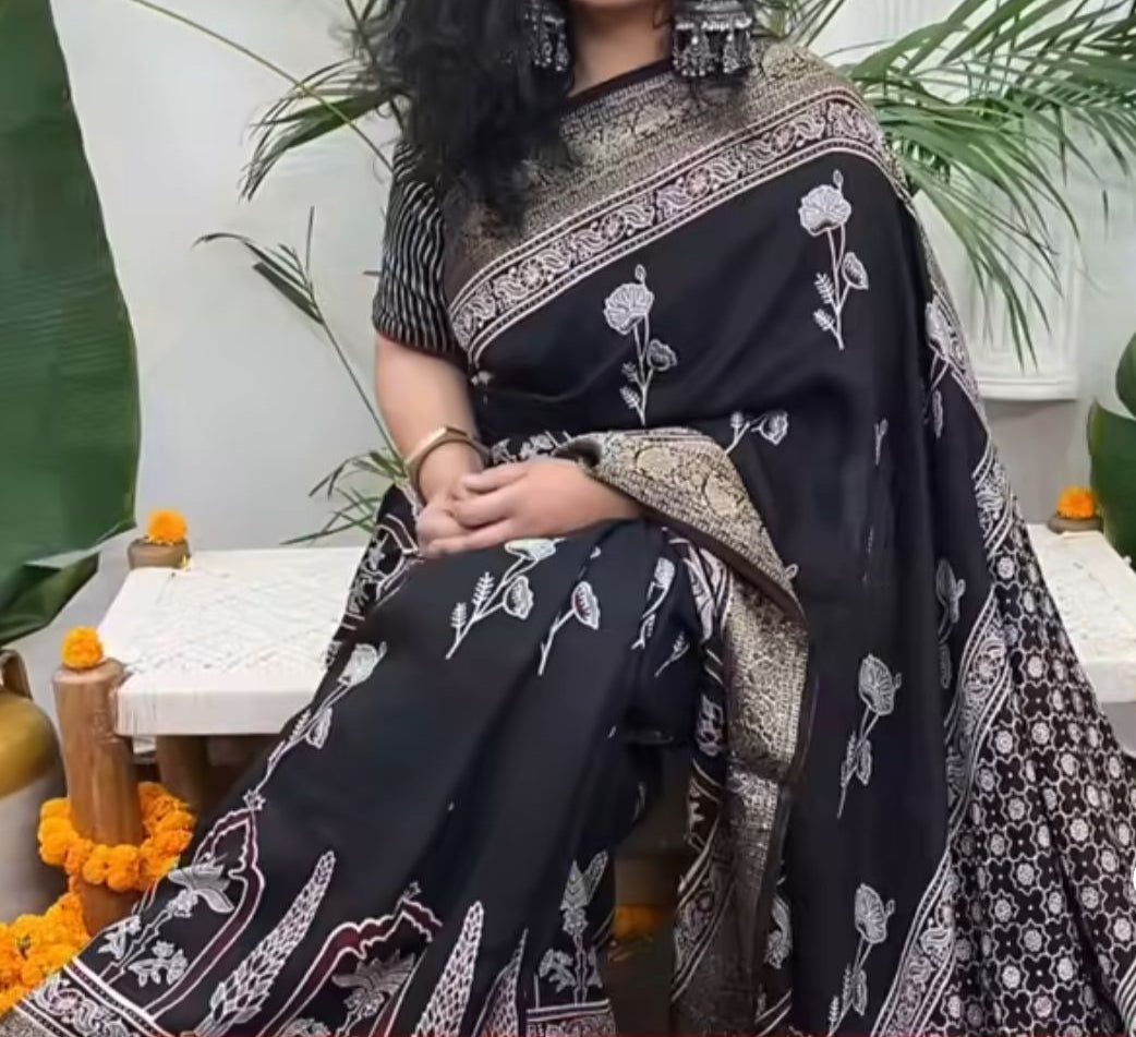 Ajrakh Modal Silk Handblock Print Saree | Redefine Elegance with Vibrant Colors