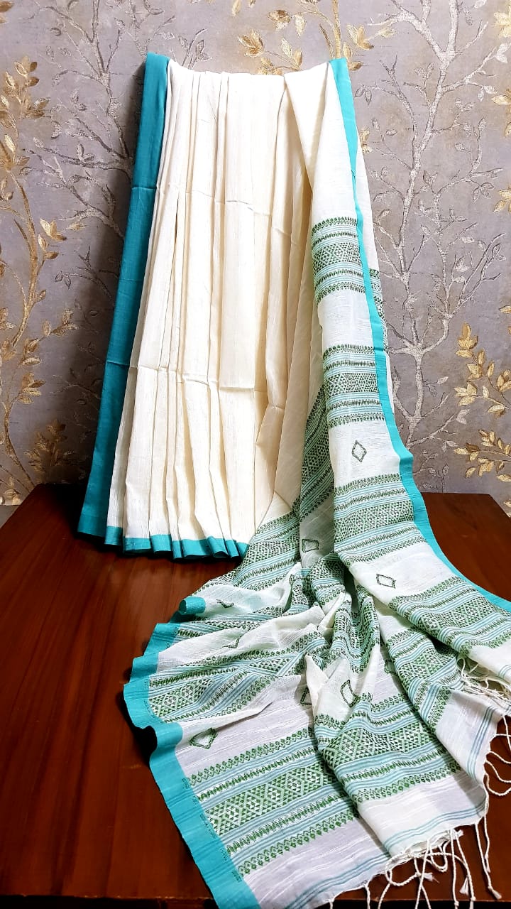 White Khadi Cotton Jamdani Saree With Thin Contrast Border