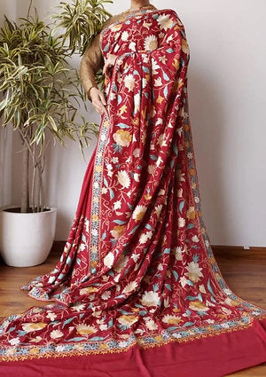 Luxurious Handcrafted Aari Work Kashmiri Embroidery Crepe Saree