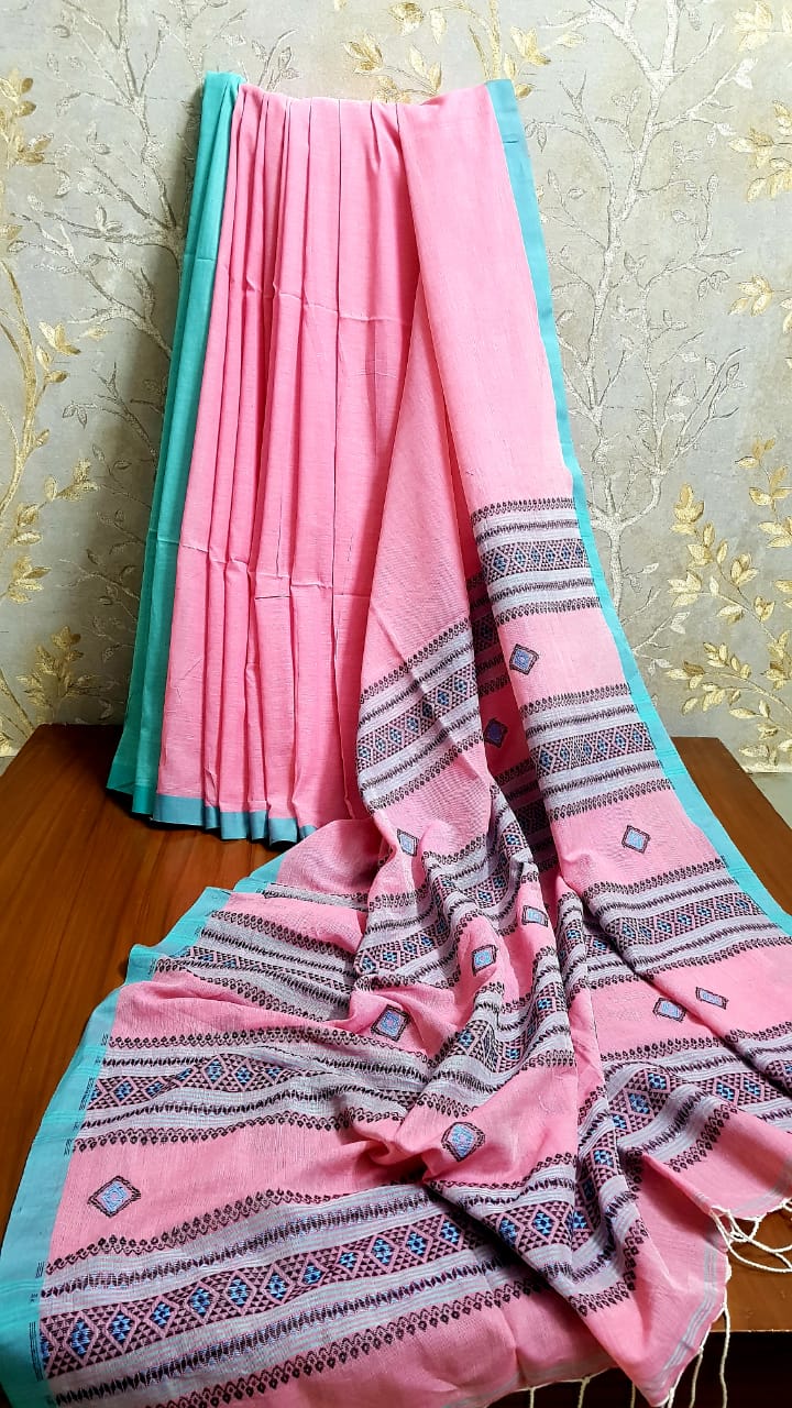 Baby Pink Khadi Cotton Jamdani Saree With Thin Contrast Border