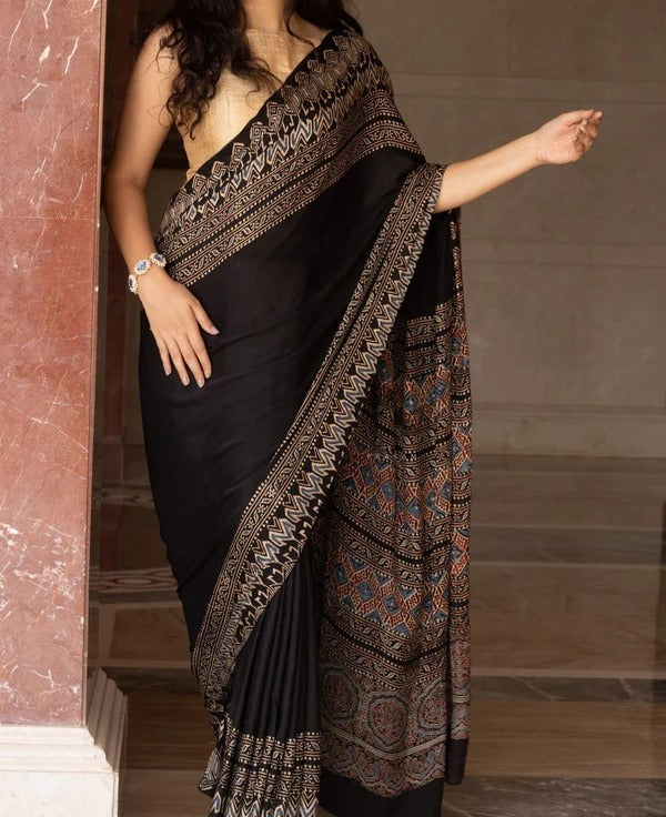Black Original Authentic Ajrakh Pure Modal Silk Saree
