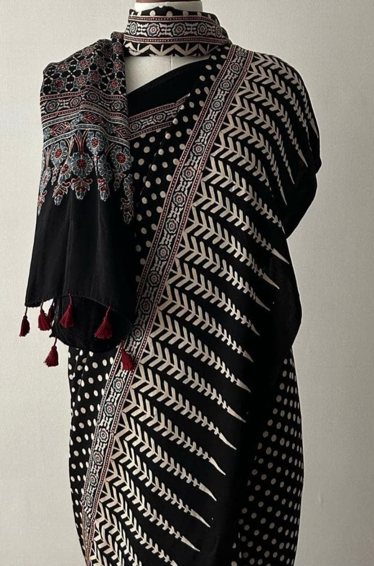 Black Ajrakh Handblock Pure Modal Silk Saree