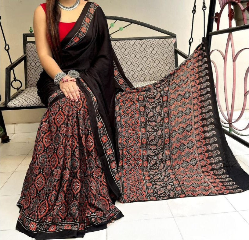 Dark Coffee Pure Modal Silk Authentic Ajrakh Print Saree