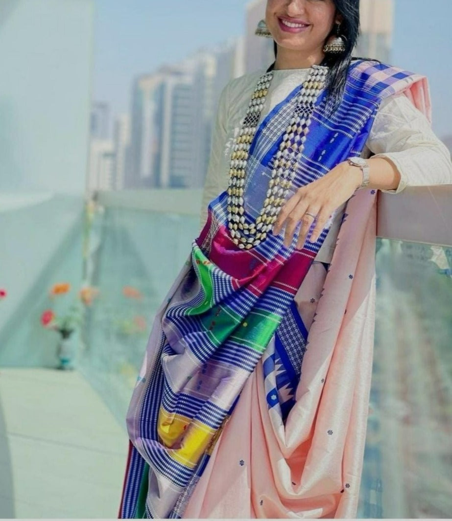 Baby Pink Berhampuri Double Pallu Rudraksha And Kumbha Border Silk Saree