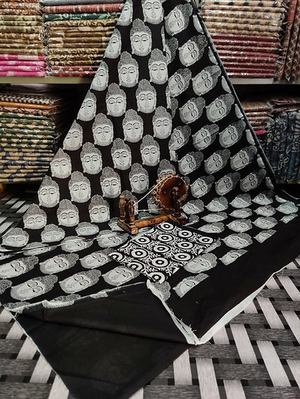 Buddha Print Malmal Cotton Saree With Blouse Piece
