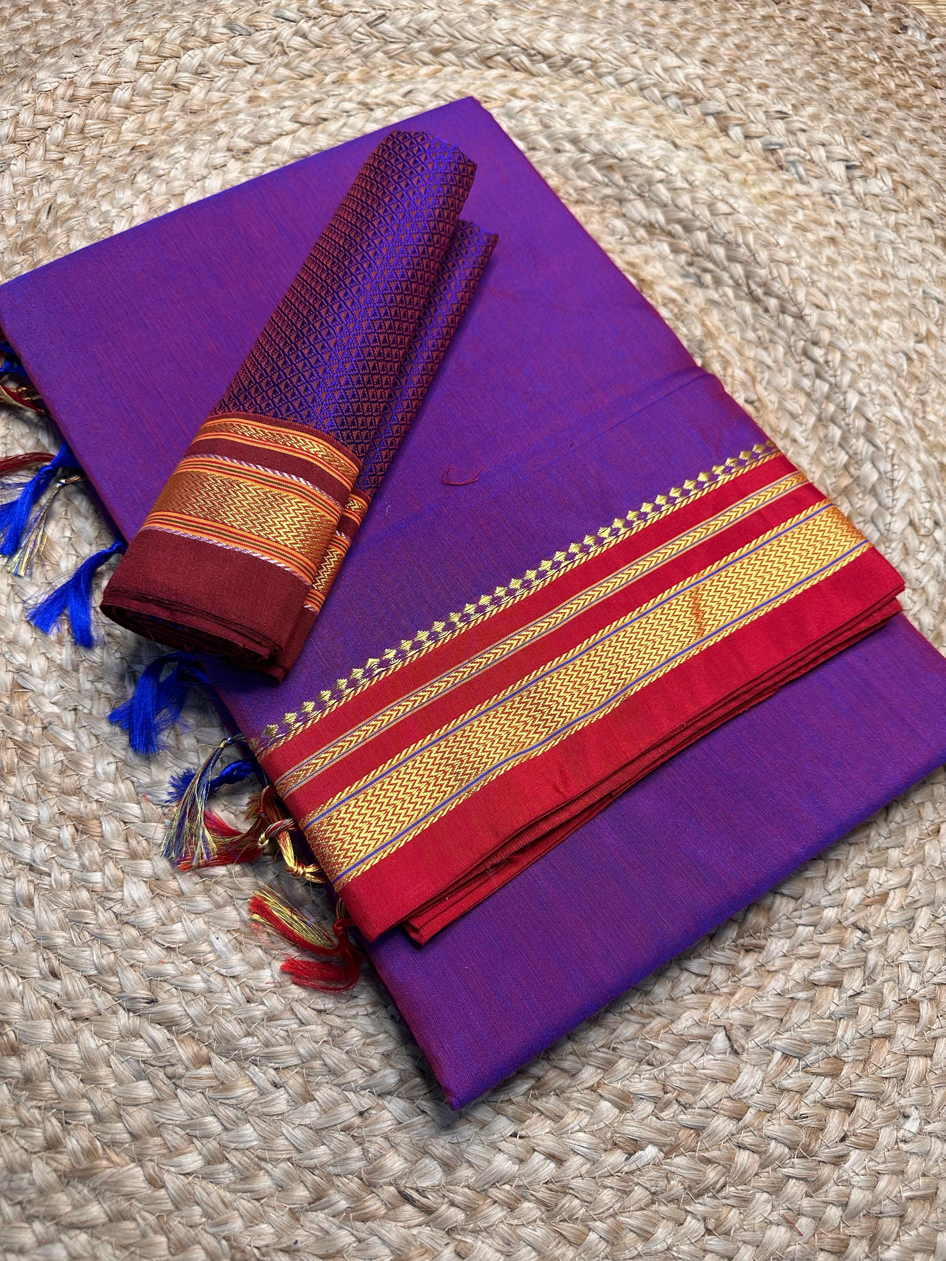 Plain Mercerised Cotton Ilkal Saree With Matching Khun Blouse Piece
