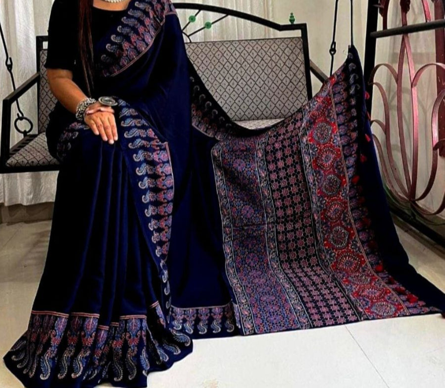 Navy Blue Ajrakh Handblock Print Pure Modal Silk Saree