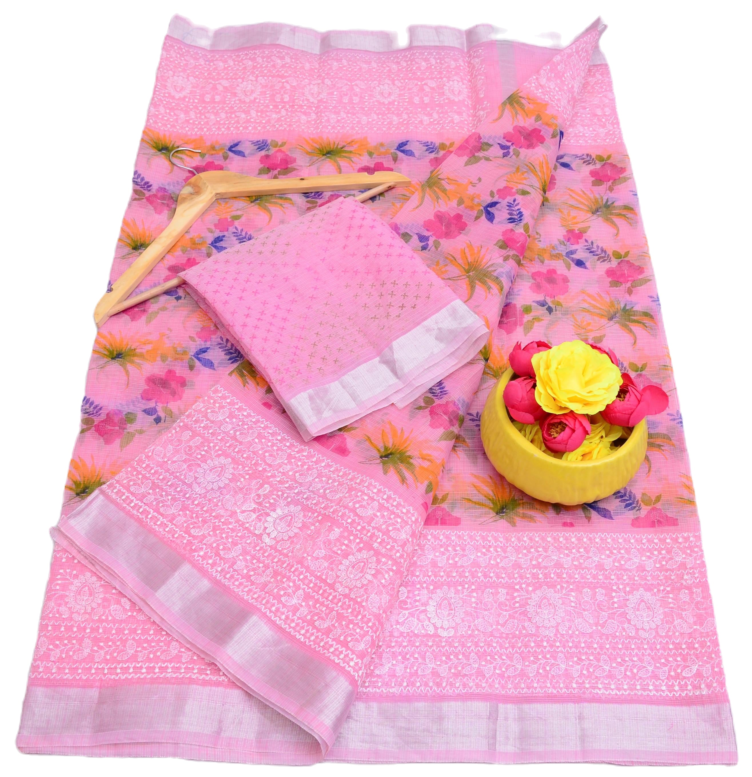 Baby Pink Kota Doria Embroidery Work Traditional Indian Saree