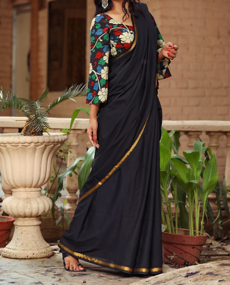 Utsava Collection - Mulmul Cotton Saree With Kalamkari Blouse Piece