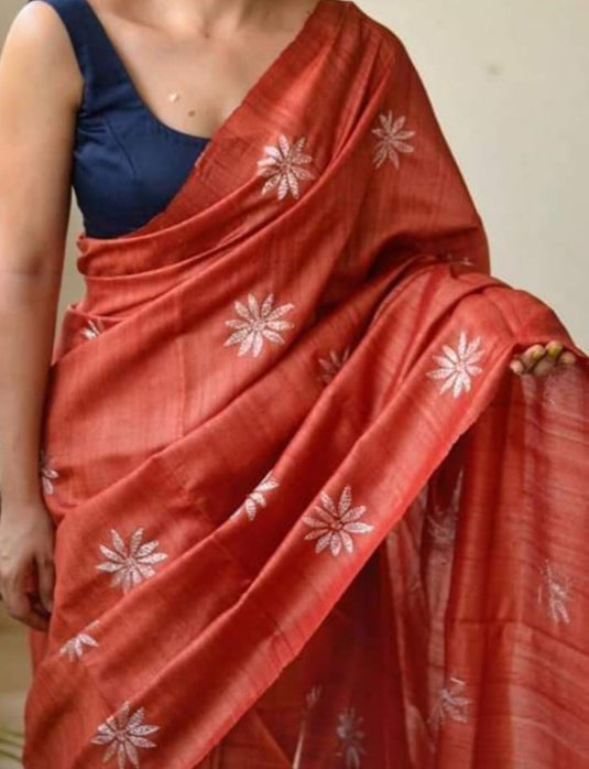 Rust Orange Handwoven Pure Tussar Silk Saree With Contrast Blouse Piece