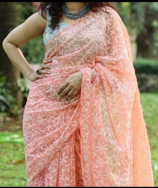 Peach Georgette Chiffon Fine Tepchi Chikankari Work Saree