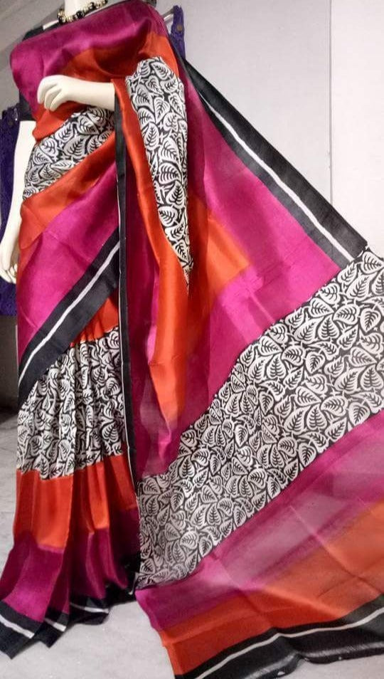 Pink and Orange Authentic Block Printed Murshidabad Silk Saree