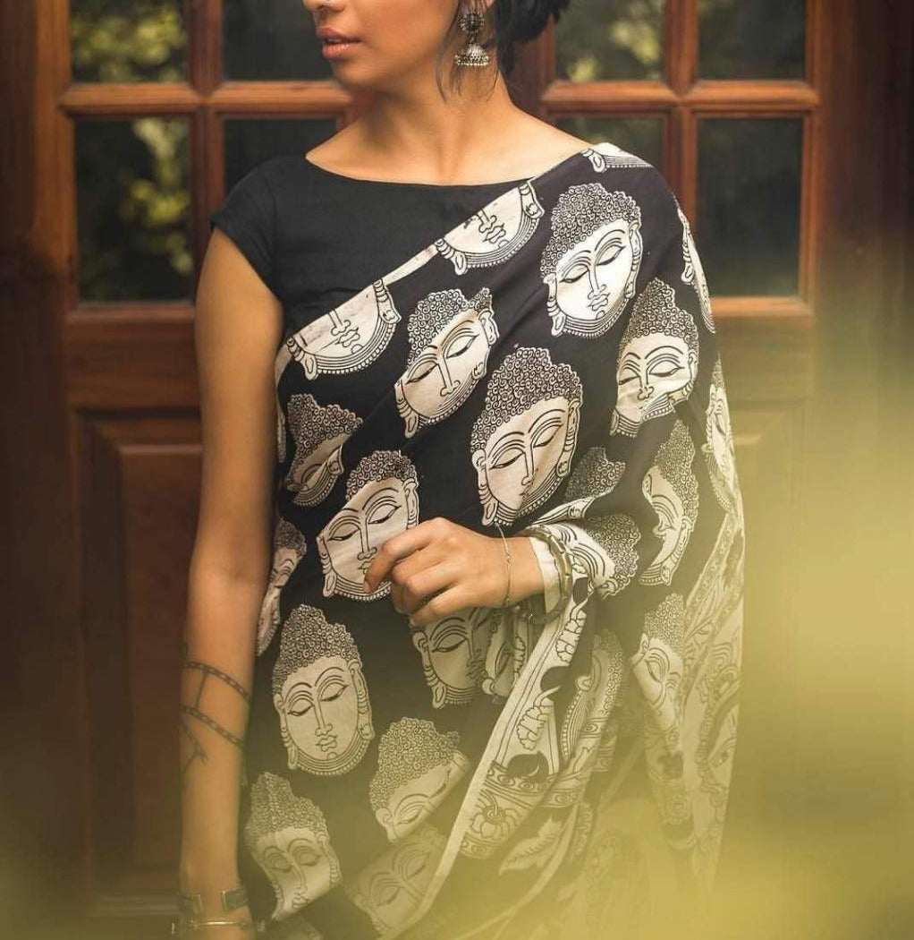 Buddha Print Malmal Cotton Saree With Blouse Piece