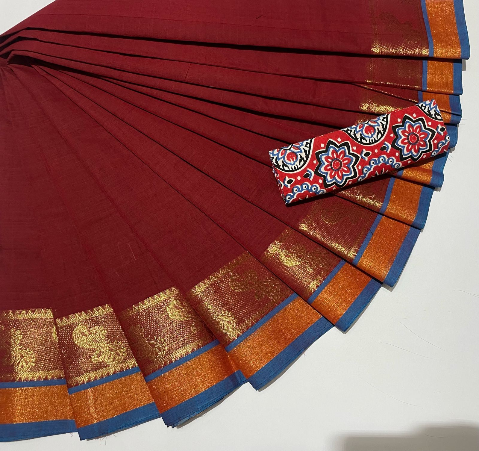 Rich Look Chettinad Cotton Saree With Kalamkari Blouse Piece