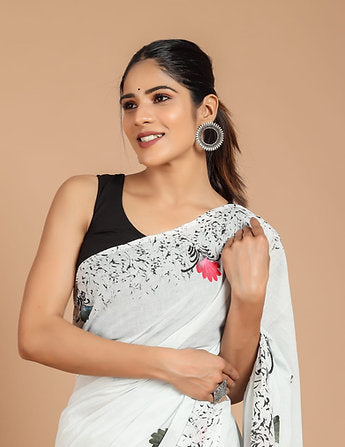 Handblock Print Cotton Mul Naturally Dyed Saree With Blouse Piece