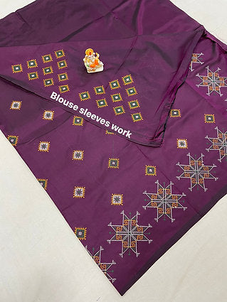Deep Purple Kasuti Work Malai Silk Saree