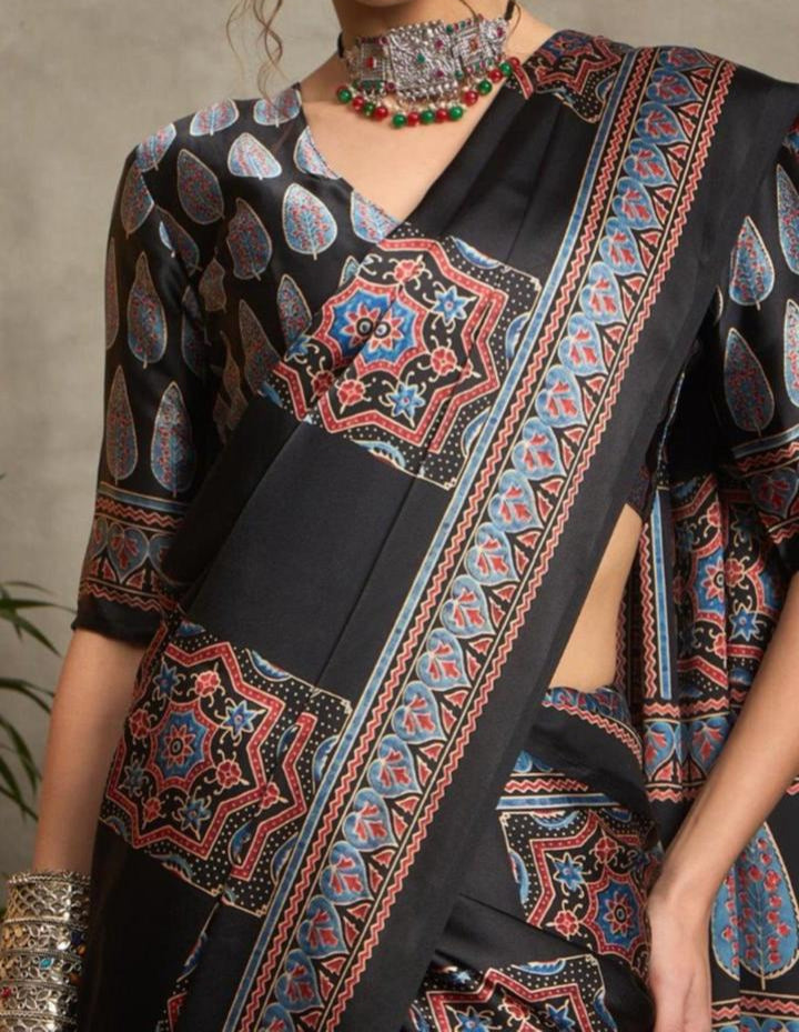 Black Ajrakh Handblock Pure Modal Silk Saree With Blouse Piece
