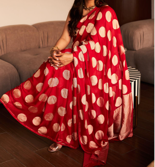 Red and Golden Authentic Handloom Chanderi Pattu Silk Saree